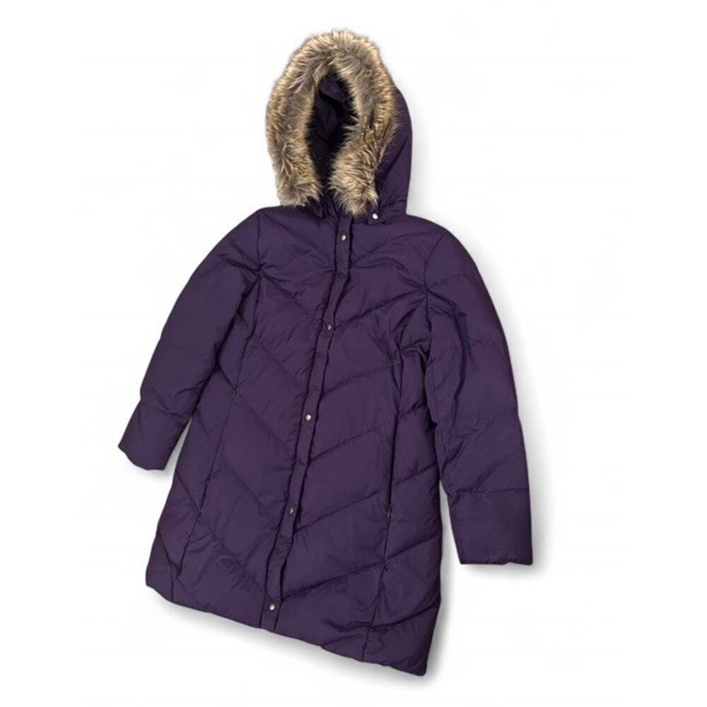 Land’s End Women’s Purple Down Puffer Jacket Faux Fur Hood Size P Med 10-12 - Picture 2 of 11